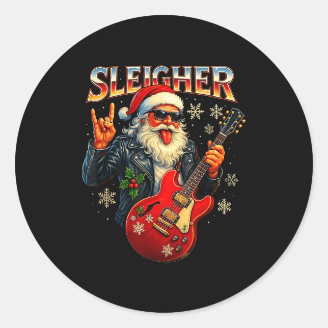 Sticker Rond Sleigher Rock Santa Funny Metal Christmas Design  (Devant)