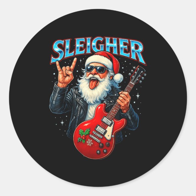 Sticker Rond Sleigher Rock Santa Funny Metal Christmas Design  (Devant)