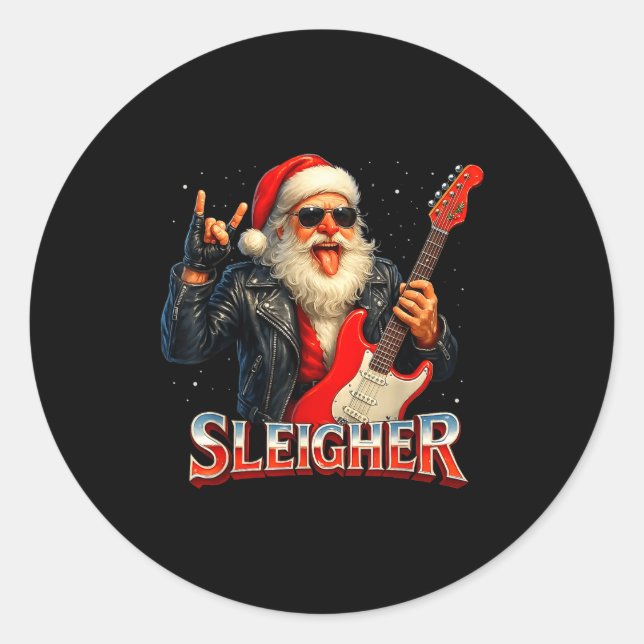 Sticker Rond Sleigher Rock Santa Funny Metal Christmas Design  (Devant)