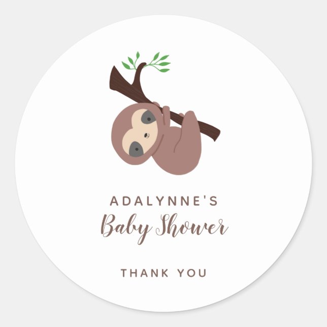 Sticker Rond Sloth Baby shower Genre Neutre Script Brown mignon (Devant)