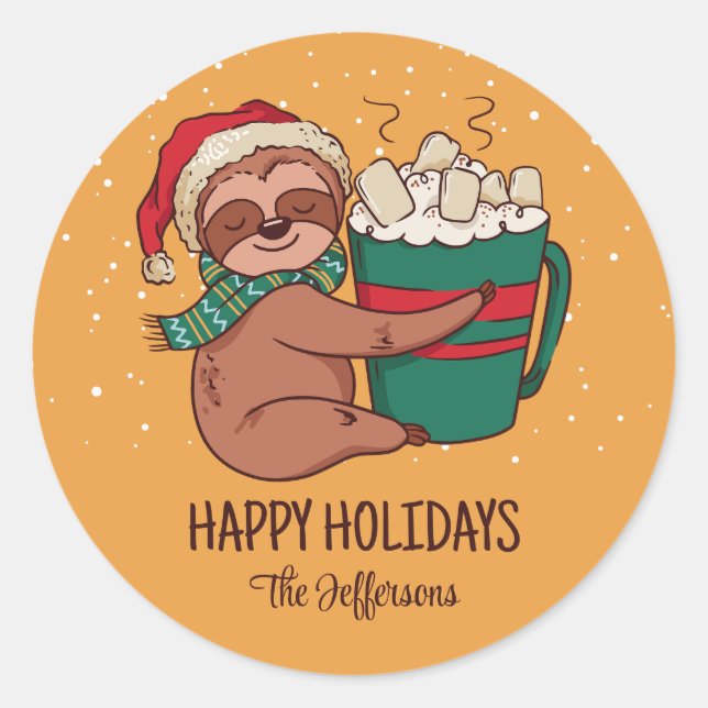 Sticker Rond Sloth Chaud Cosy Noël Snowy Vacances d'hiver (Devant)