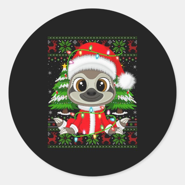 Sticker Rond Sloth Christmas Lights Santa Costume Ugly Xmas Swe (Devant)
