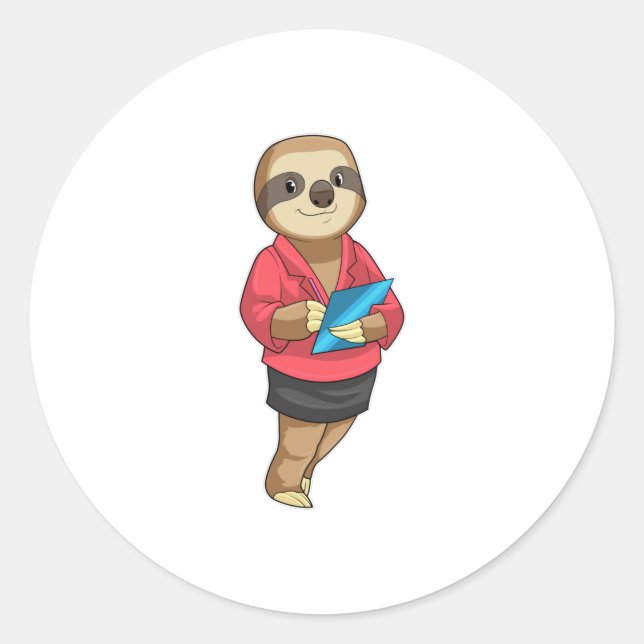 Sticker Rond Sloth en tant que secrétaire avec Bloc-notes (Devant)