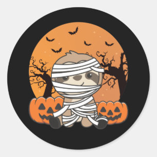 Sticker Rond Sloth Mummy Citrouille Sloths Happy Halloween Clas