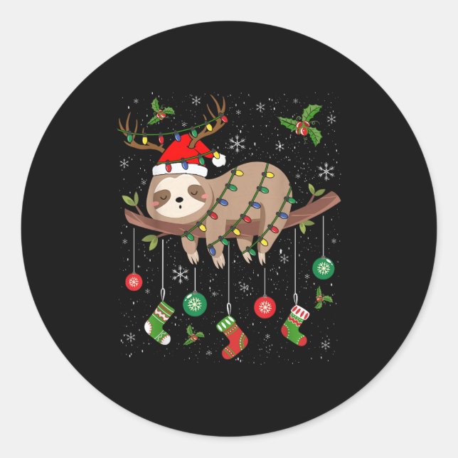 Sticker Rond Sloths Xmas Lighting Reindeer Santa Hat Sloth Chri (Devant)