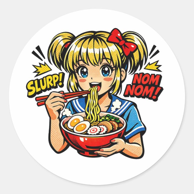 Sticker Rond Slurp Nom Anime Girl Ramen Noodles (Devant)