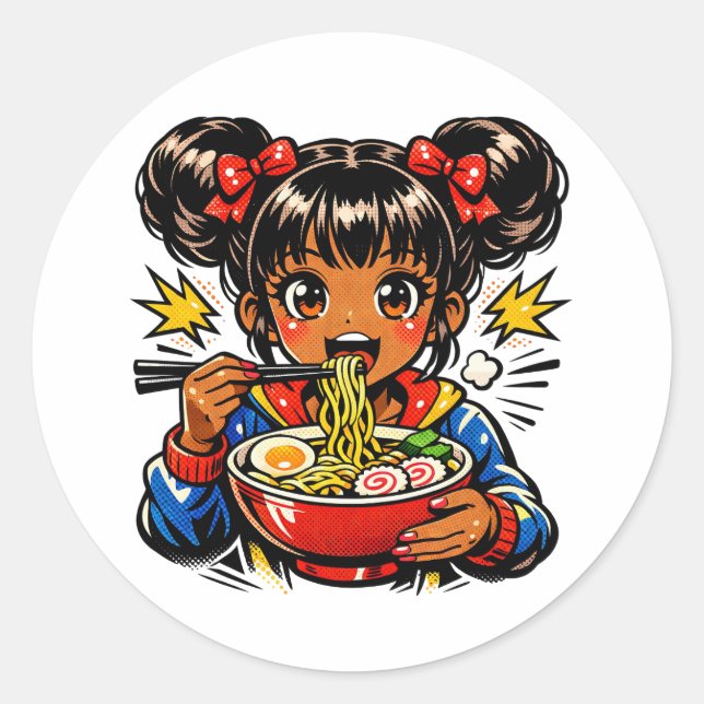 Sticker Rond Slurp Nom Anime Girl Ramen Noodles (Devant)