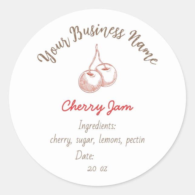 Sticker Rond Small Organic Business Ingredients Cherry Jam (Devant)