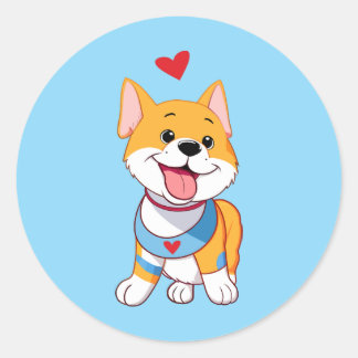 Sticker Rond Smiley Happy Dog With Red Heart