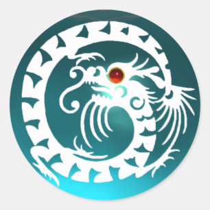Sticker Rond SNAKE DRAGON blanc, bleu aquamarine, rouge rubis