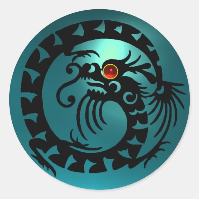 Sticker Rond SNAKE DRAGON noir, bleu aquamarine, rouge rubis (Devant)