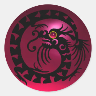 Sticker Rond SNAKE DRAGON, noir, rouge rose rubis
