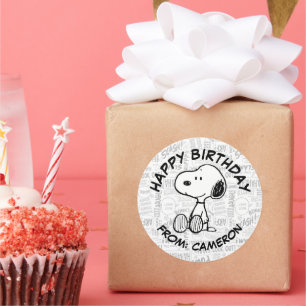 Sticker Rond Snoopy on Black White Comics   Joyeux anniversaire