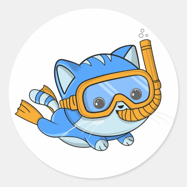 Sticker Rond Snorkeling Cute Cat Plongée Scuba Kitten (Devant)