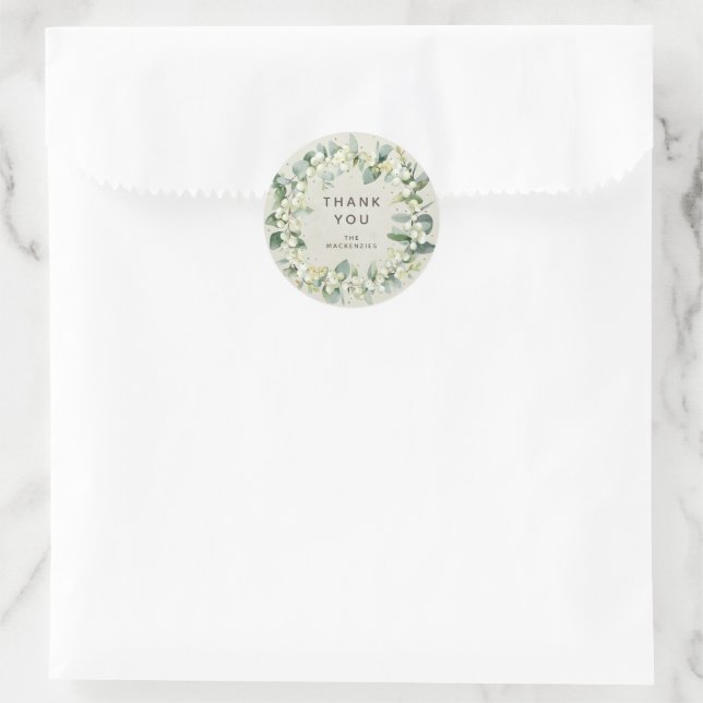 Sticker Rond Snowberry+Eucalyptus Wreath Merci (Sac)