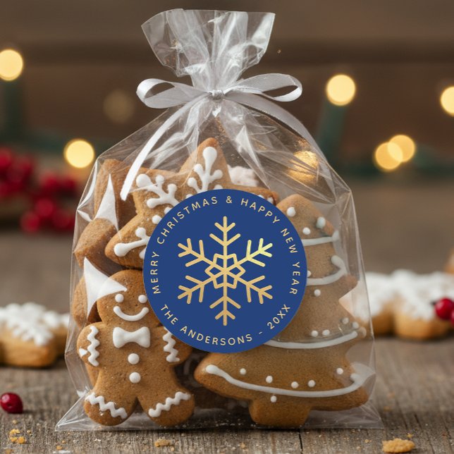 Sticker Rond Snowflake Royal Blue Elegant Faux Gold Christmas  (Créateur téléchargé)