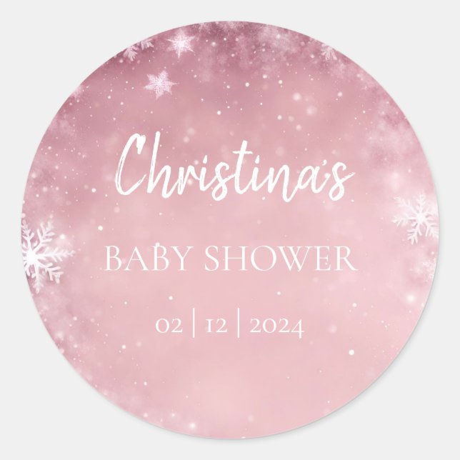 Sticker Rond Snowflake Winter Wonderland Baby shower rose (Devant)
