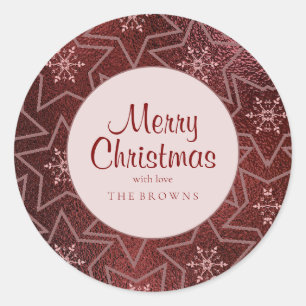 Sticker Rond Snowflakes et Stars Maroon de Noël minimaux