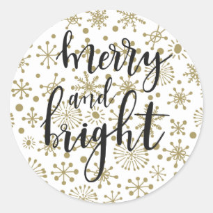 Sticker Rond Snowflakes Gold & White Retro MERRY & BRIGHT Favor