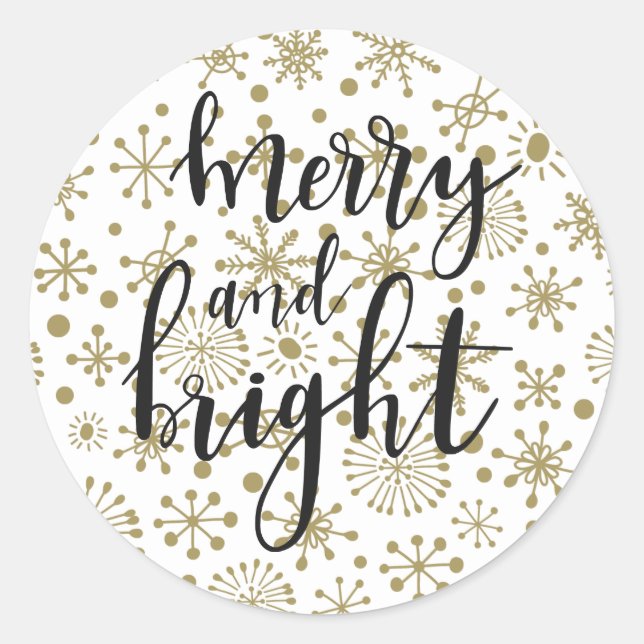 Sticker Rond Snowflakes Gold & White Retro MERRY & BRIGHT Favor (Devant)