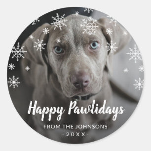 Sticker Rond Snowflakes Happy Pawlidays Chien Photo Noël