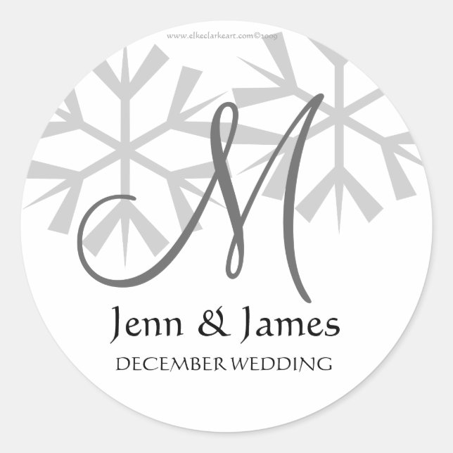 Sticker Rond Snowflakes Monogramme Mariage Enregistrer la date (Devant)
