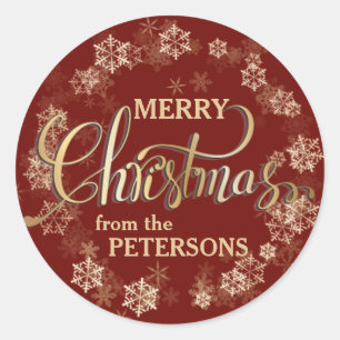 Sticker Rond Snowflakes sur Red Gold Letter Joyeux Noël