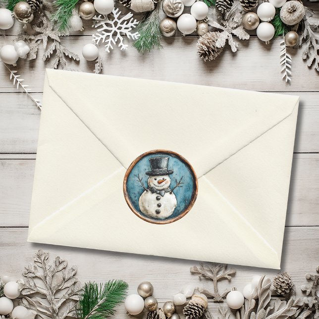 Sticker Rond Snowman Blue Christmas Faux Wax (Snowman Blue Christmas Faux Wax Classic Round Sticker)