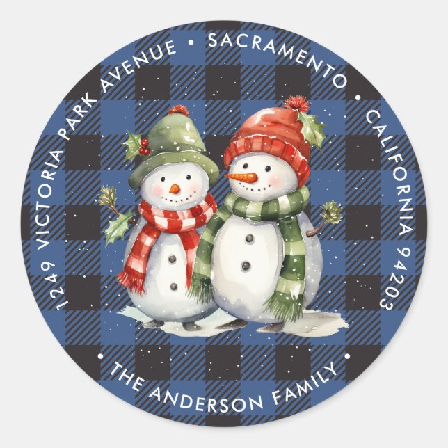 Sticker Rond Snowman Blue Plaid Christmas Retourner l'adresse É (Devant)