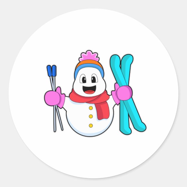 Sticker Rond Snowman comme skieur avec ski (Devant)