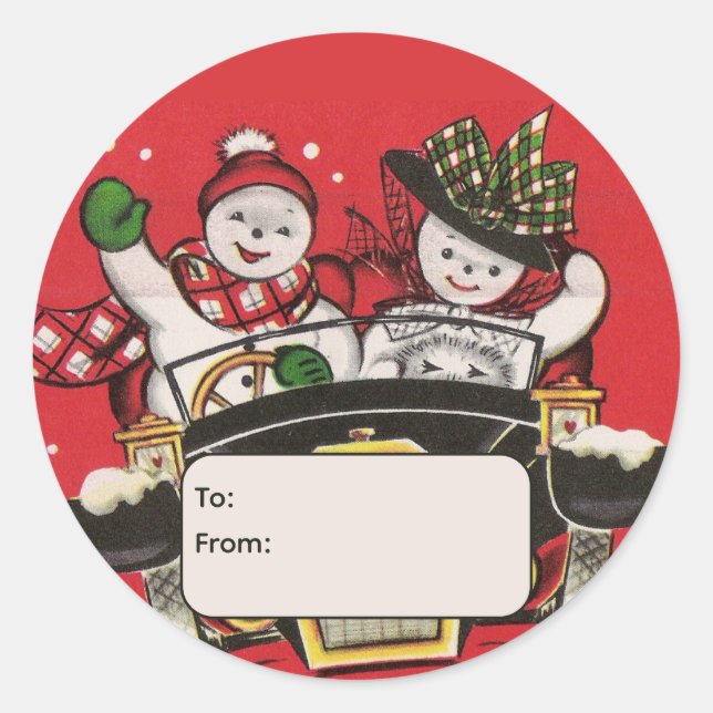 Sticker Rond Snowman Couple in Car Personalized To and From (Devant)
