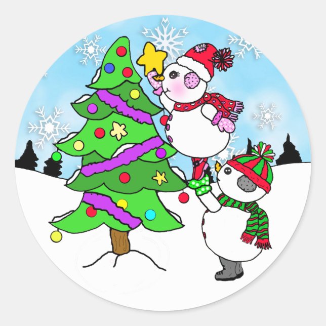 Sticker Rond Snowman Couple met l'étoile sur l'arbre de Noël (Devant)