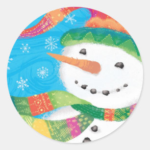 Sticker Rond Snowman dans l'écharpe colorée et le Casquette d'a