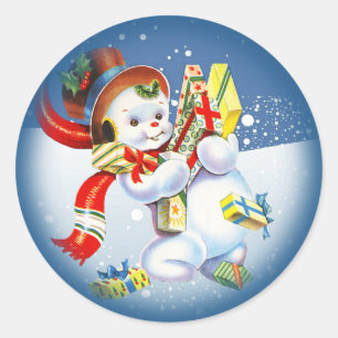 Sticker Rond Snowman de Noël Vintage avec présentateurs