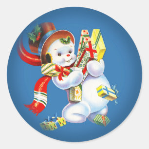 Sticker Rond Snowman de Noël Vintage avec présentateurs