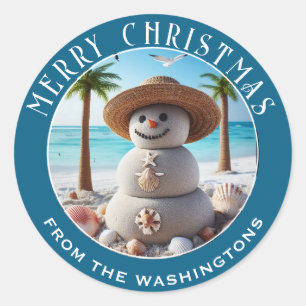 Sticker Rond Snowman de sable tropical Noël personnalisé