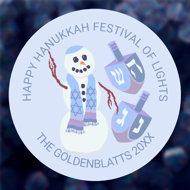 Sticker Rond Snowman Dreidels mignon bleu n'importe quel texte  (Add any text you like using the two text templates and create your own Hanukkah round stickers)