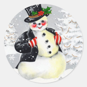 Sticker Rond Snowman en gras fin dans le chapeau supérieur