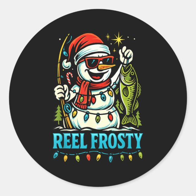 Sticker Rond Snowman Fishing Christmas Holiday Festive Winter F (Devant)