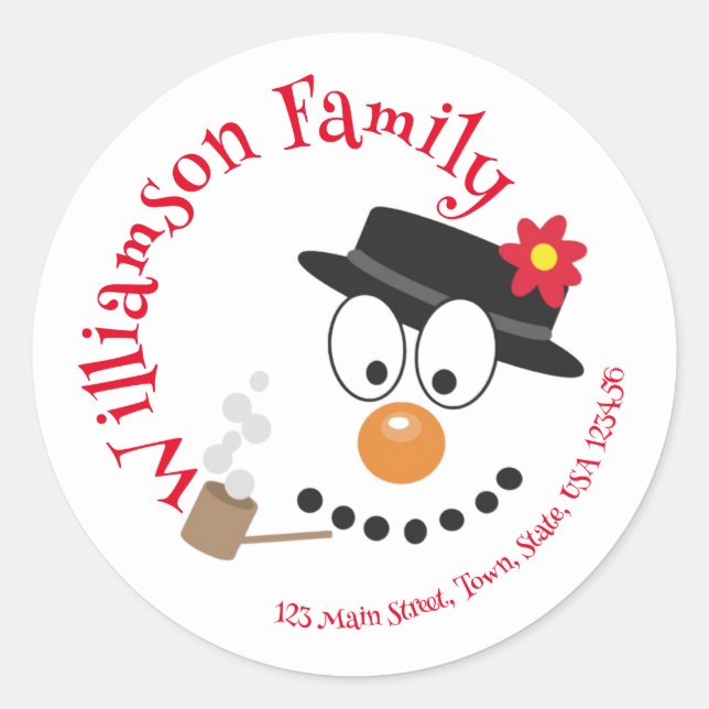 Sticker Rond Snowman Funny Visage mignonne Nouveauté Adresse de (Devant)