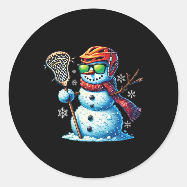 Sticker Rond Snowman Jouer Lacrosse Drôle Lacrosse Joueur Chr (Devant)