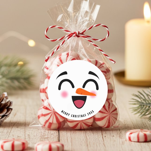 Sticker Rond Snowman Joyeux Noël mignon visage souriant hiver (Snowman Merry Christmas Cute Smiling Face Winter Classic Round Sticker
)