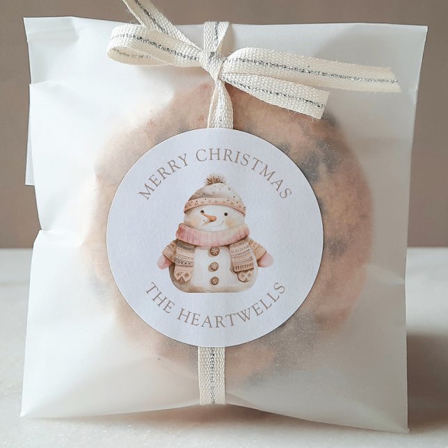 Sticker Rond Snowman rose mignon Personnalisé Joyeux Noël (Créateur téléchargé)