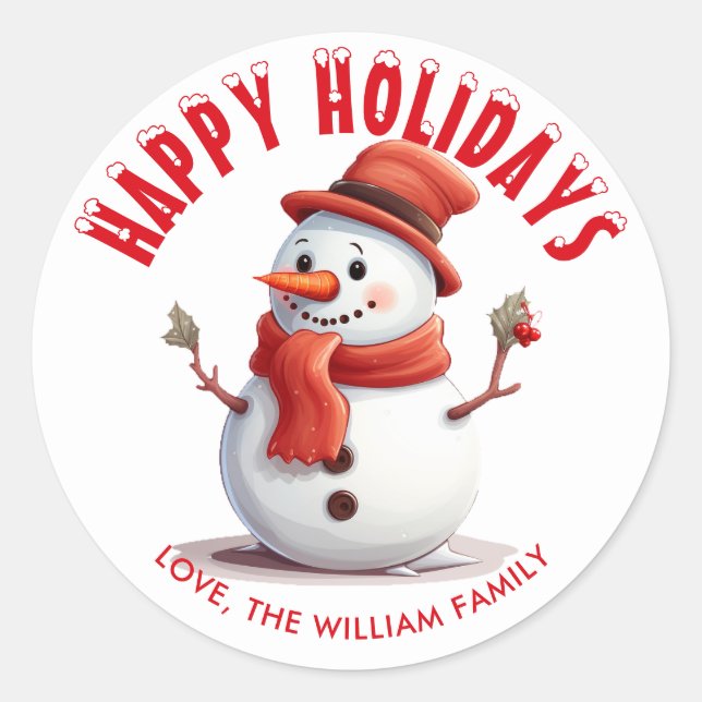 Sticker Rond Snowman rouge personnalisé Happy Holidays Snowman (Devant)