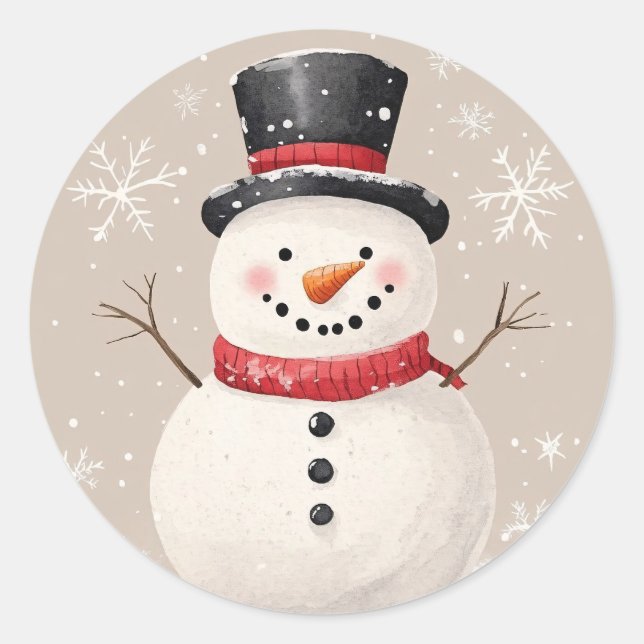 Sticker Rond Snowman rustique avec des flocons de neige illustr (Devant)