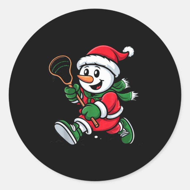 Sticker Rond Snowman Santa Hat Playing Lacrosse Christmas Playe (Devant)