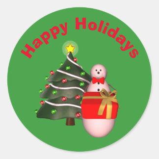 Sticker Rond Snowman Tree mignonne Noël vacances