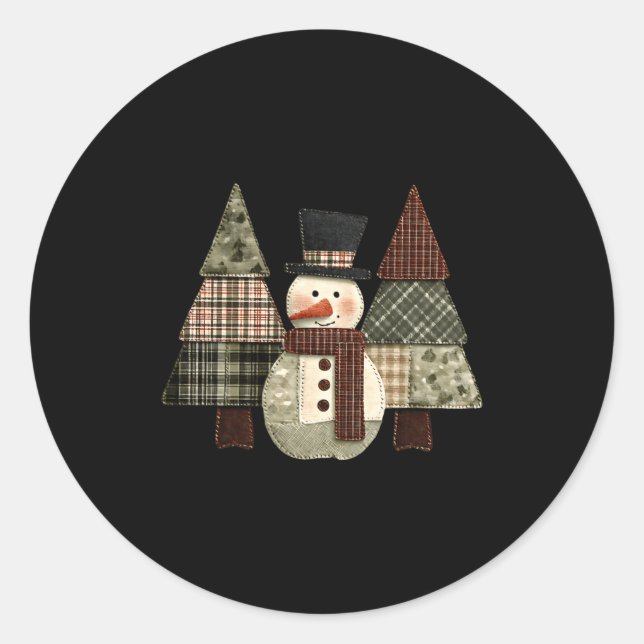 Sticker Rond Snowman Trees Patchwork Plaid Trees Rustic Christm (Devant)