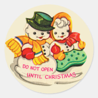 Sticker Rond Snowman vintage & Snow Woman "Ne pas ouvrir"