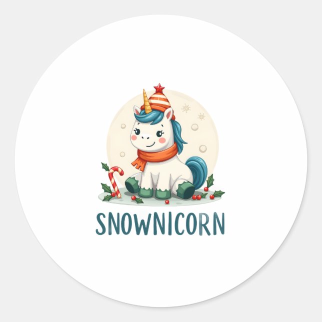Sticker Rond Snownicorn Cute Unicorn Snowman Christmas Girl T-S (Devant)